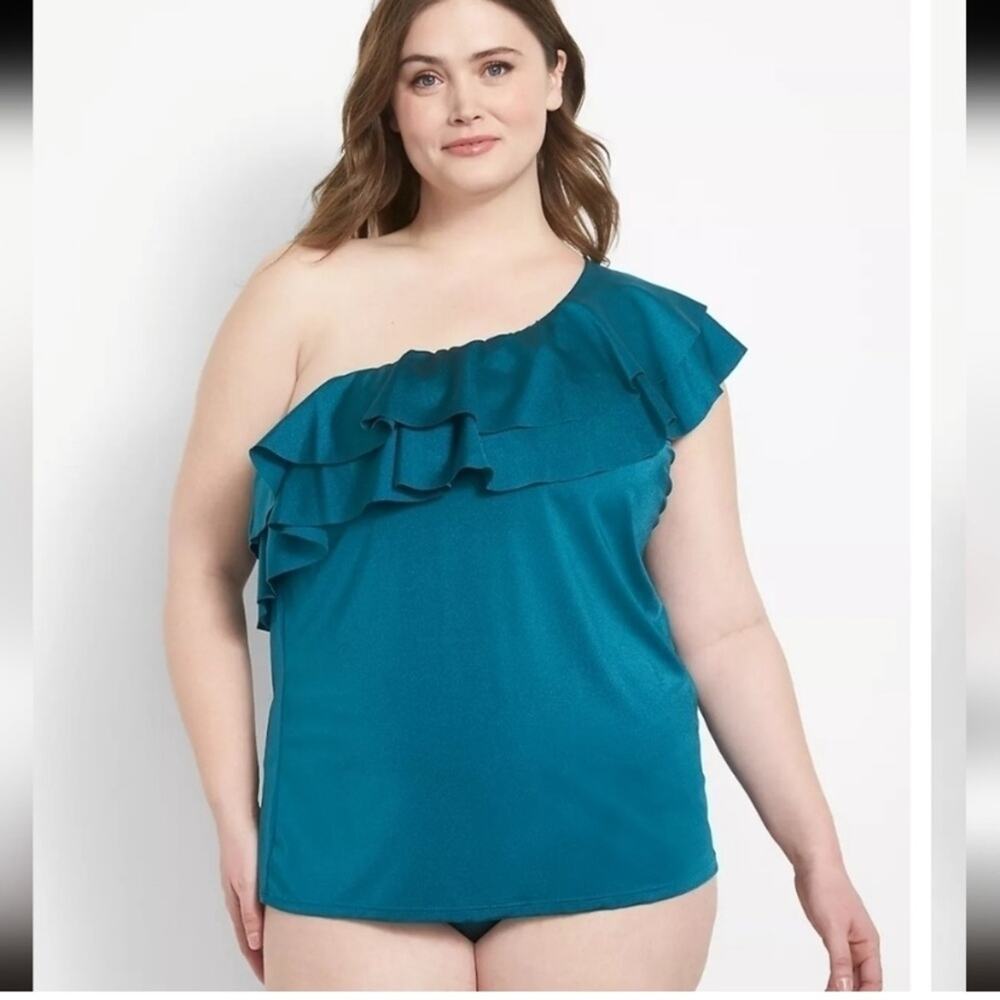 Cacique Swim Blue Ruffle One Shoulder No-Wire Wireless Bikini Tankini Top 20